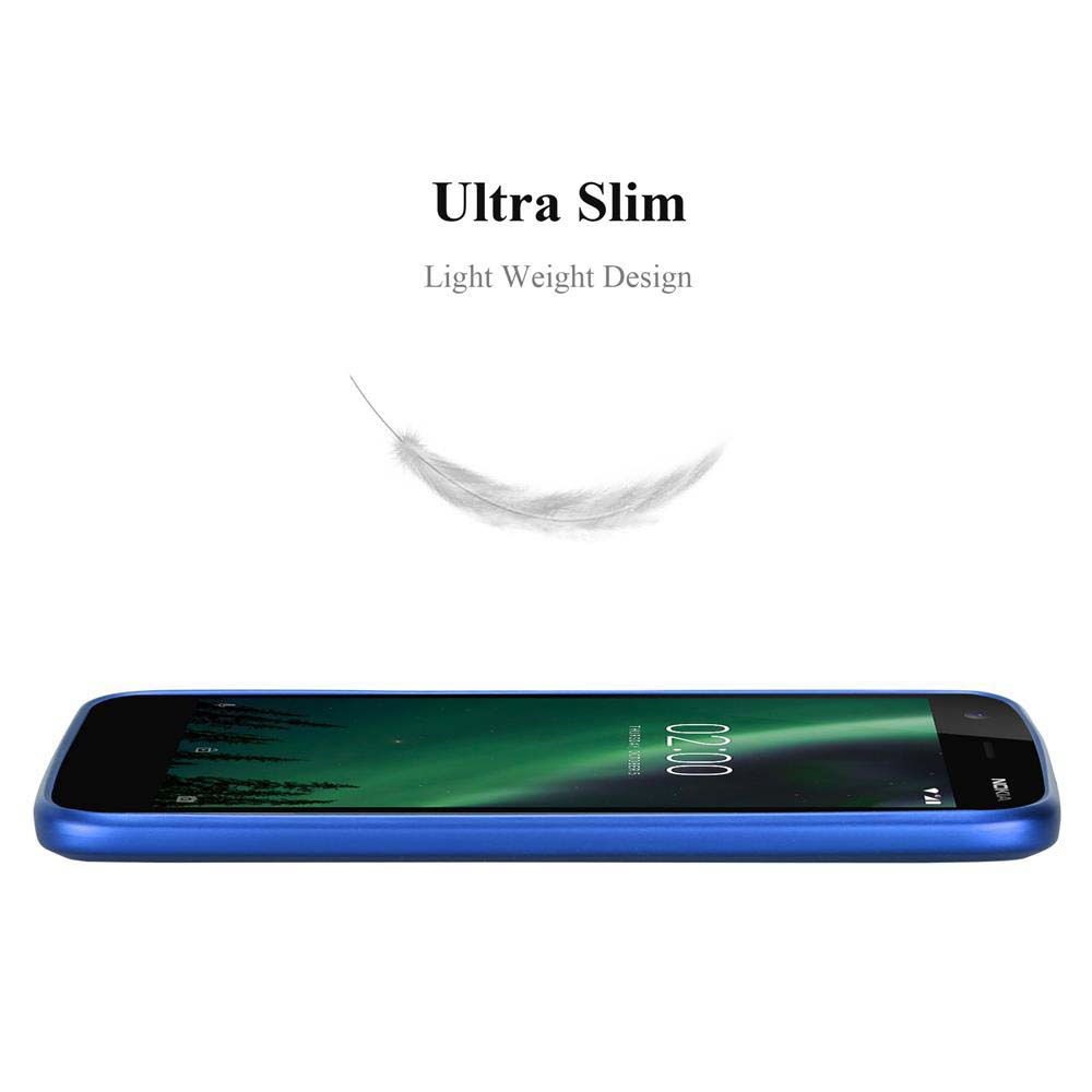 Ein Telefon mit blauem Rahmen wird gezeigt. Eine Feder schwebt über dem Telefon. Der Text lautet 'Ultra Slim'.