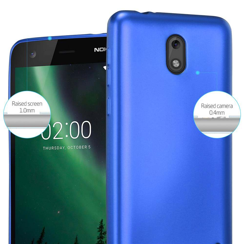 Ein blaues Telefon und eine blaue Handyhülle mit erhöhter Kamera.