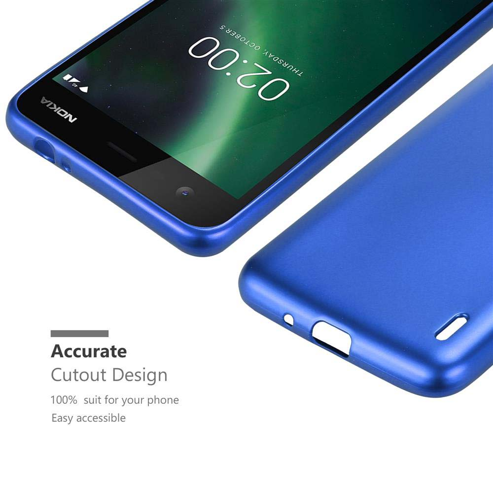 Blaues Telefon mit blauer Hülle. Das Telefon zeigt ein Bild an.
