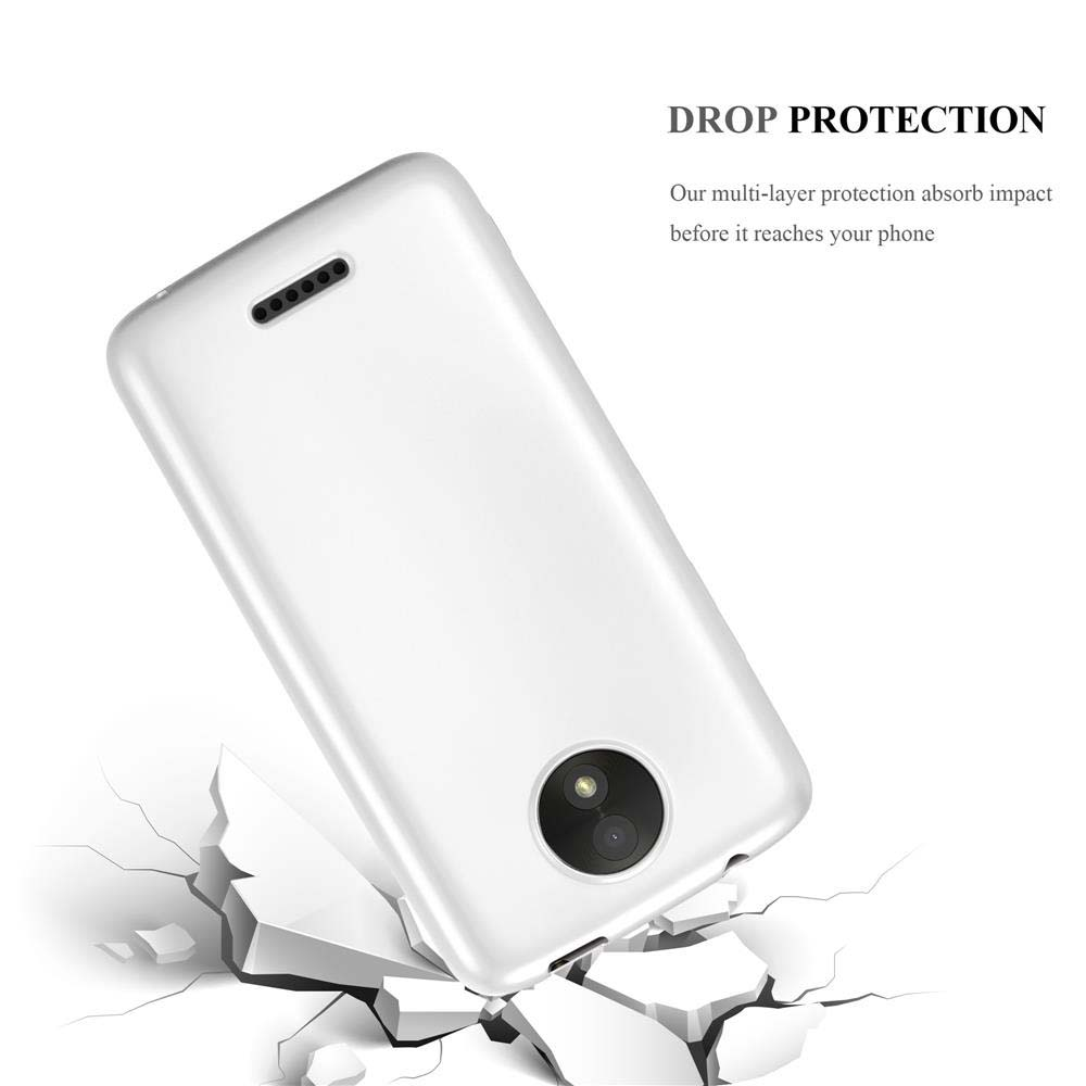 Custodia bianca per telefono che rompe il cemento. Il telefono è bianco, con fotocamera circolare.