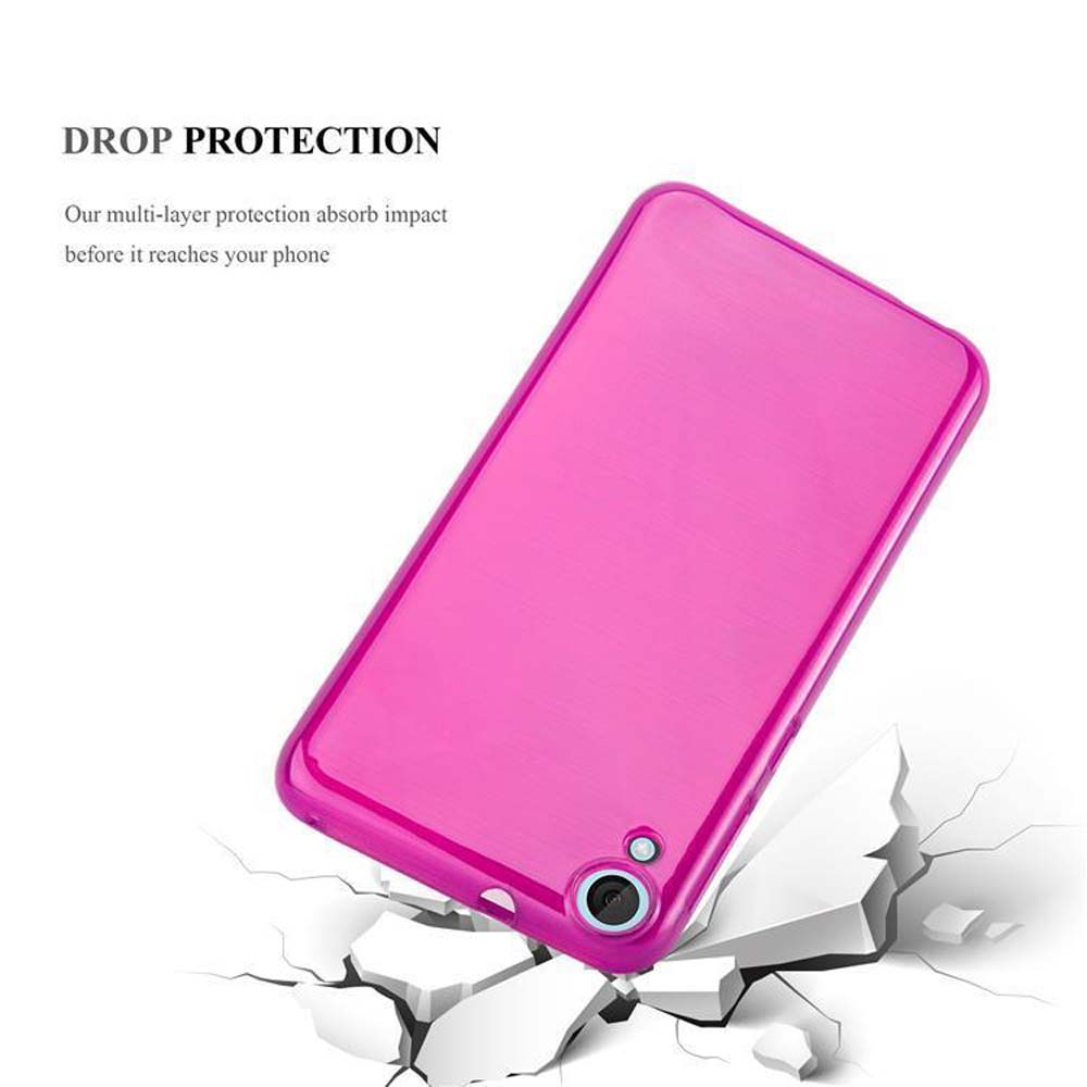 Una custodia per telefono rosa, su terreno incrinato. Testo: Protezione dalle cadute. Assorbe gli urti prima che raggiungano il telefono.