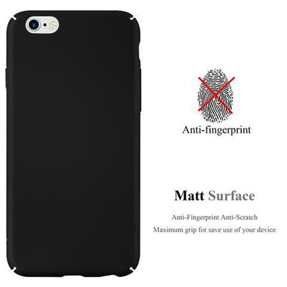 Schwarze Handyhülle. Mattierte Oberfläche. Text: Anti-Fingerabdruck und Kratzschutz.