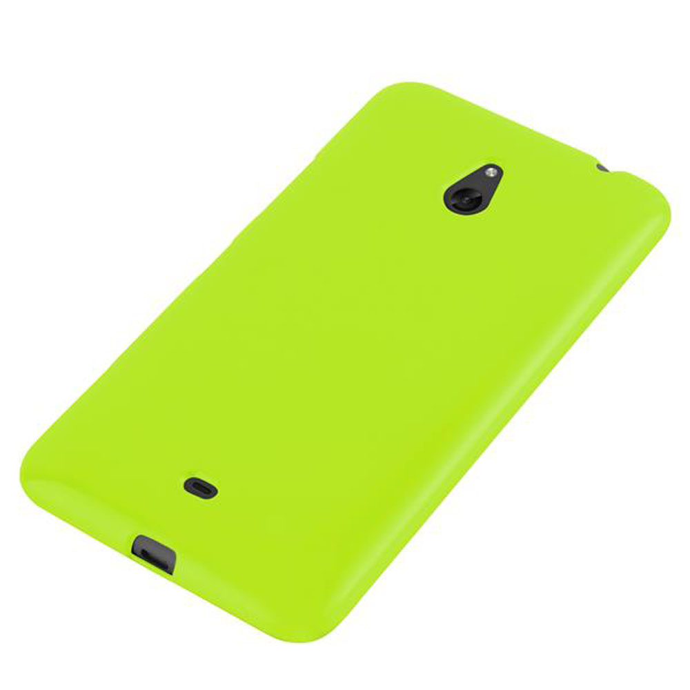 Un téléphone vert néon. La caméra, le flash et le port de charge sont visibles.