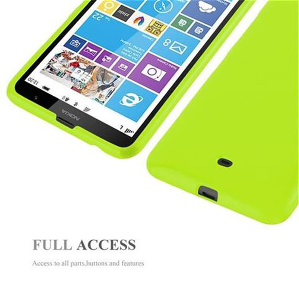 Deux étuis de téléphone verts, un sur un téléphone affichant des applications. Texte : Accès complet, à toutes les parties, boutons et fonctions.