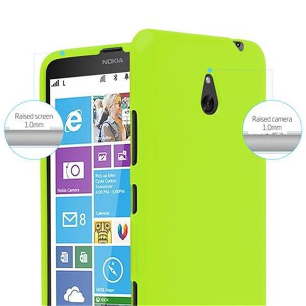 Coque de téléphone verte avec un téléphone à l'intérieur. Le texte dit Écran et caméra surélevés. Écran visible.