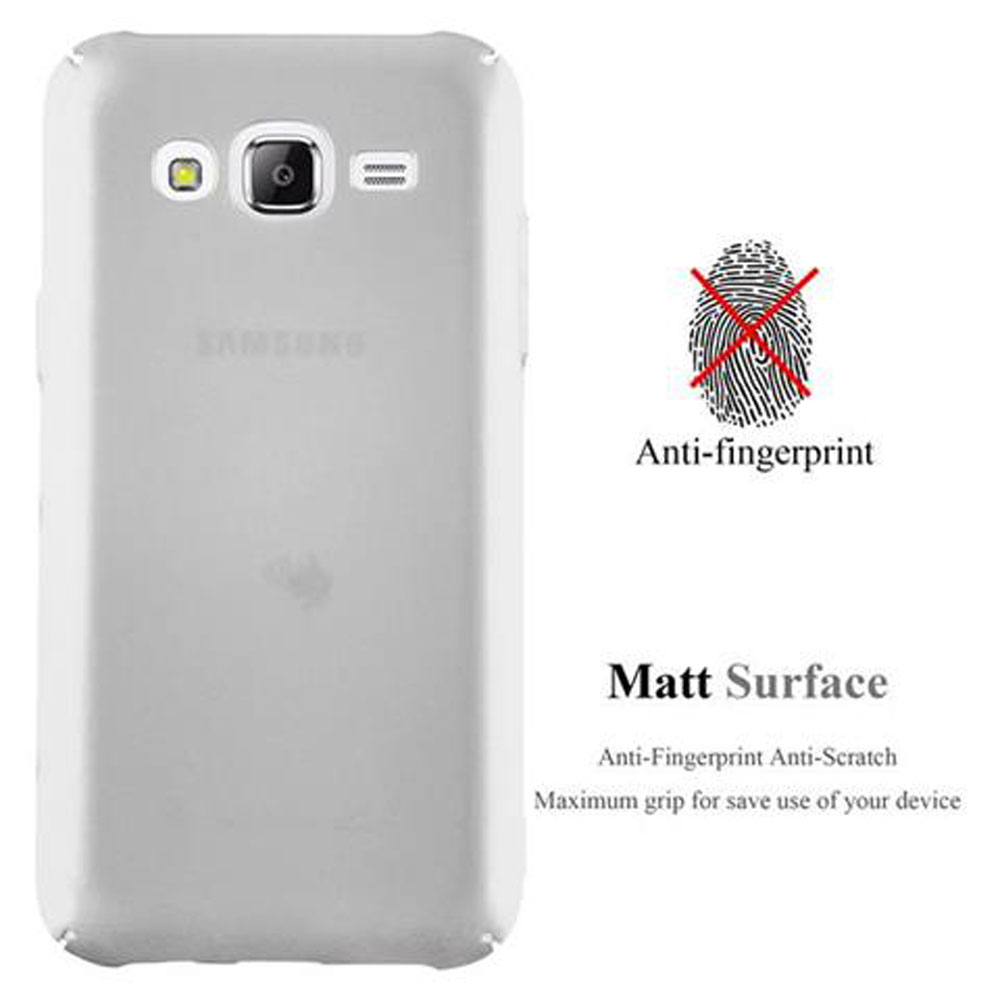 Una custodia per telefono grigio chiaro con sfondo bianco. Il testo recita 'Anti-impronte' e 'Superficie opaca' con descrizioni.