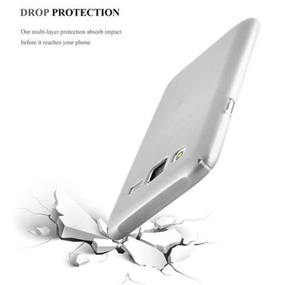 Una custodia per telefono è mostrata ad angolo, sopra una superficie incrinata, con le parole "Drop Protection".