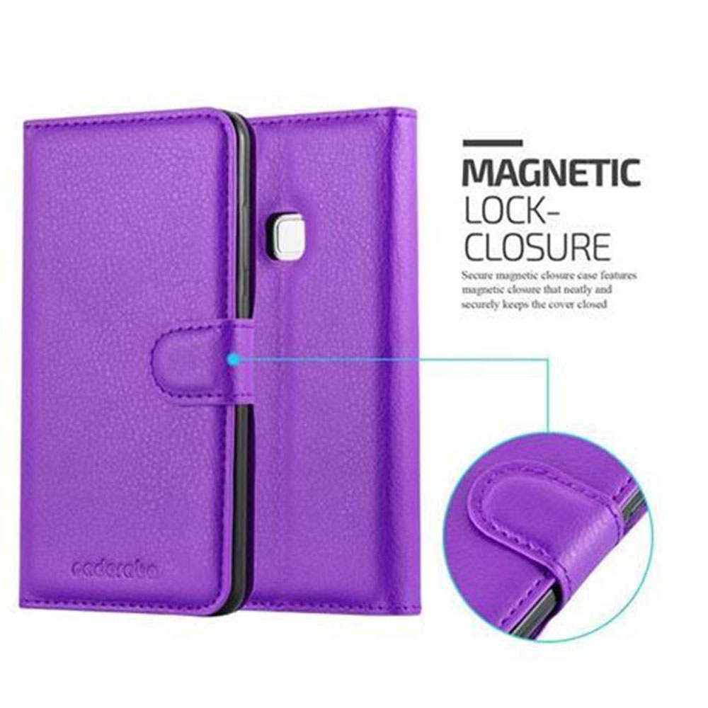 Custodia viola per telefono, chiusa, con chiusura magnetica.