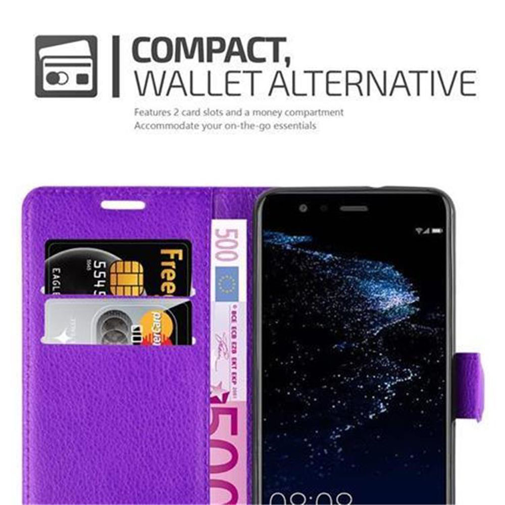Custodia a portafoglio in pelle viola aperta, che mostra carte e denaro. Il telefono mostra uno schermo.