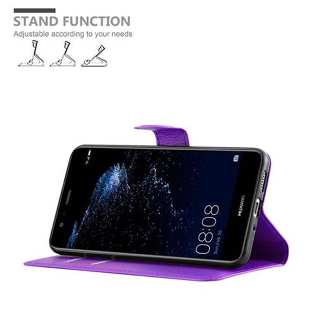 Custodia per telefono viola, aperta, con un telefono dentro. Icone della funzione stand. Sfondo bianco.