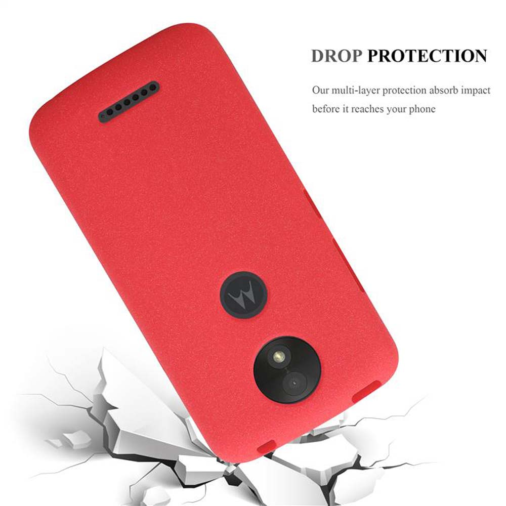Custodia per telefono rossa con un telefono all'interno. La custodia sta cadendo e rompe una superficie bianca. Il testo dice 'DROP PROTECTION'.