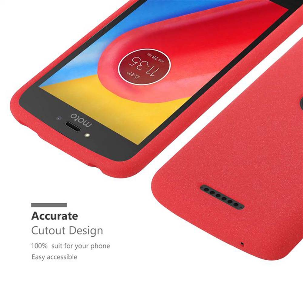Una custodia rossa copre un telefono. La custodia è aperta, mostrando lo schermo e il logo moto.