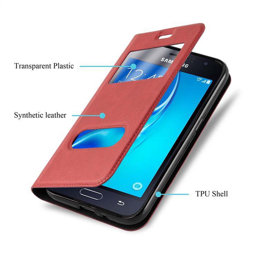 Custodia per telefono rossa con telefono all'interno. Testo: Plastica trasparente, Pelle sintetica, Guscio in TPU.