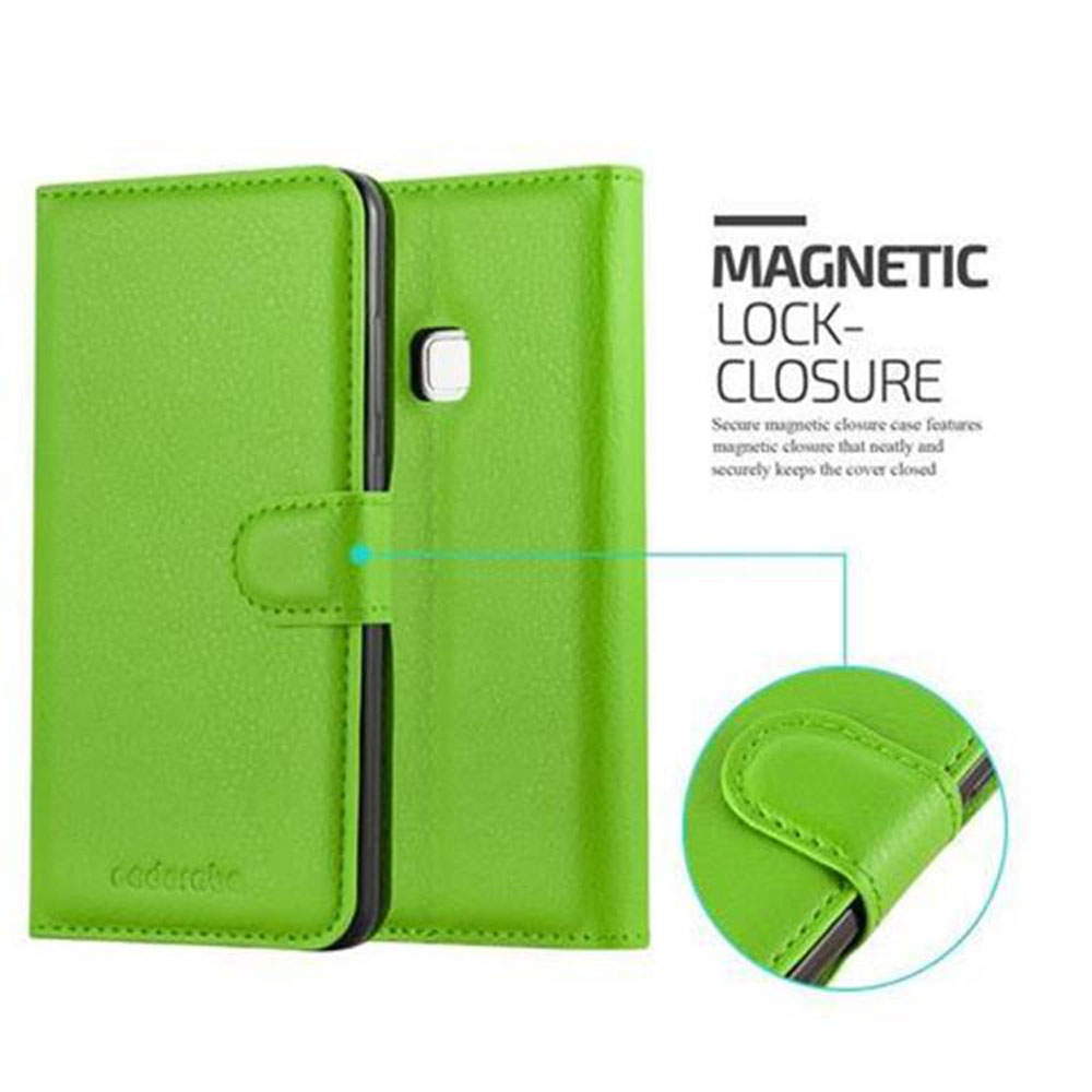 Eine grüne Handyhülle mit magnetischem Verschluss. Das Gehäuse ist geöffnet und zeigt das Innere.