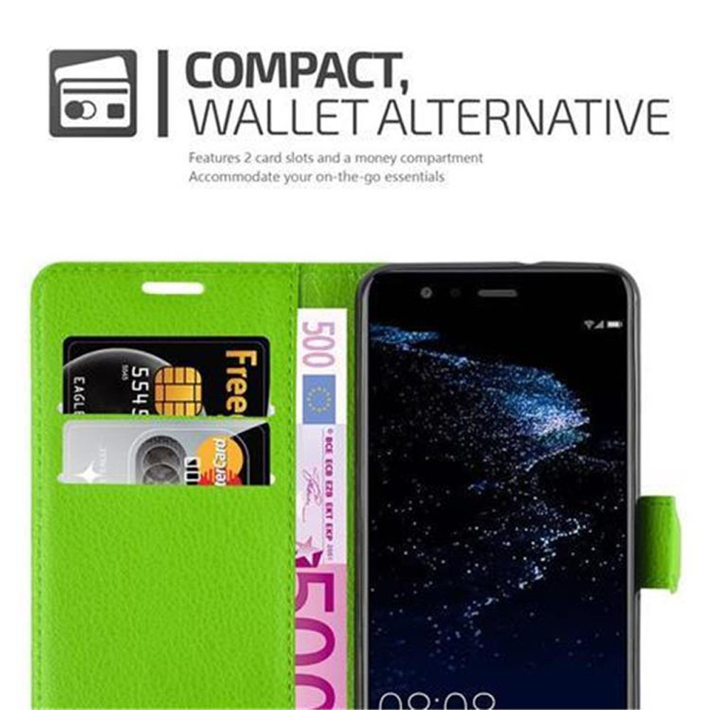 Grüne Geldbörse für das Telefon mit Karten und Geld. Text: 'COMPACT, WALLET ALTERNATIVE'.