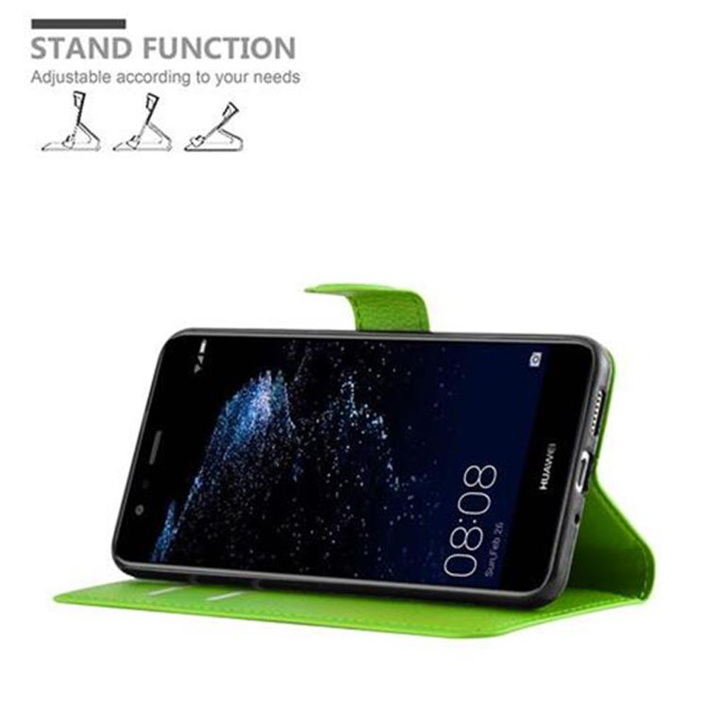Telefon in grüner Hülle mit Zeitanzeige. Die Hülle hat eine Standfunktion.