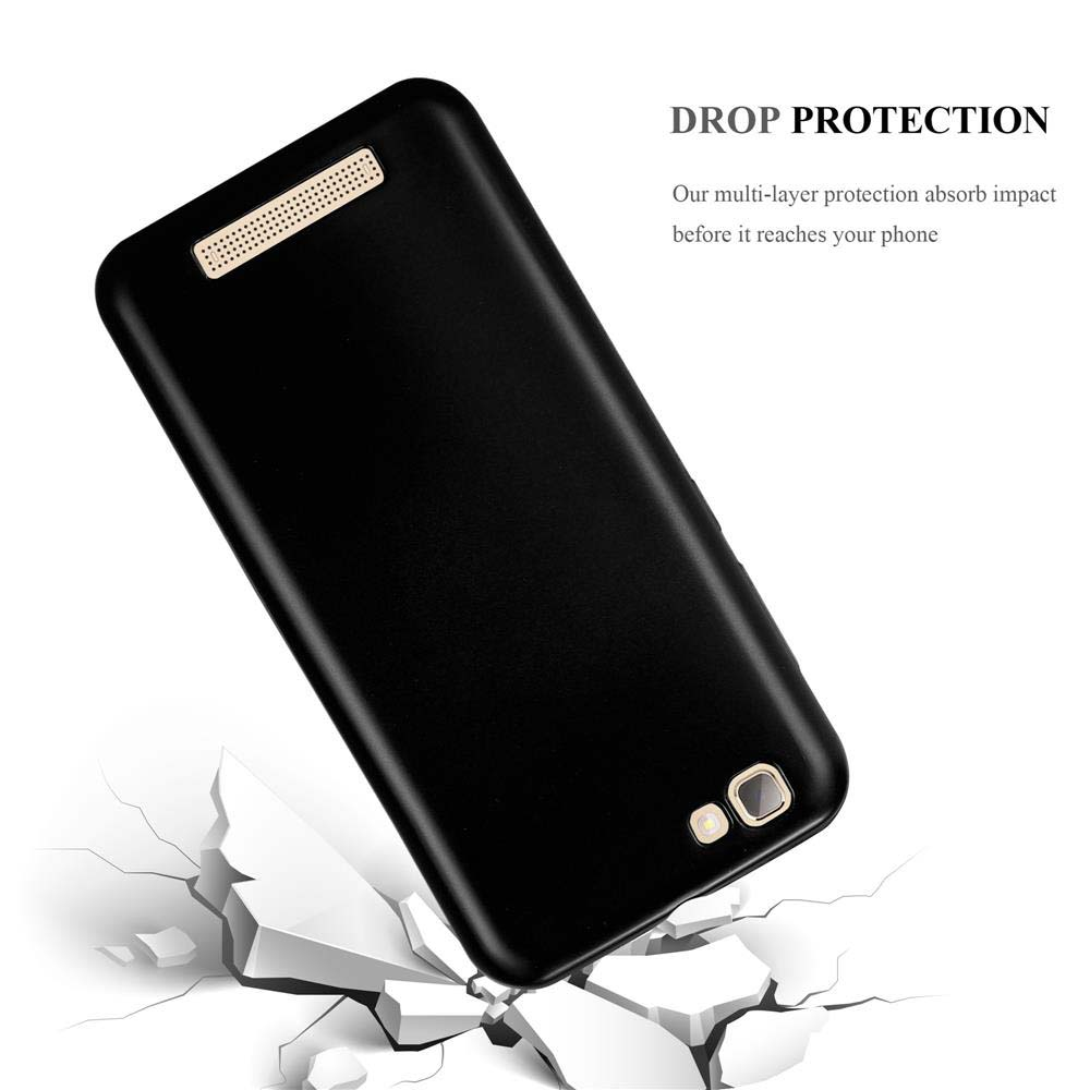 Custodia nera inclinata. Sfondo bianco con testo: Drop Protection.