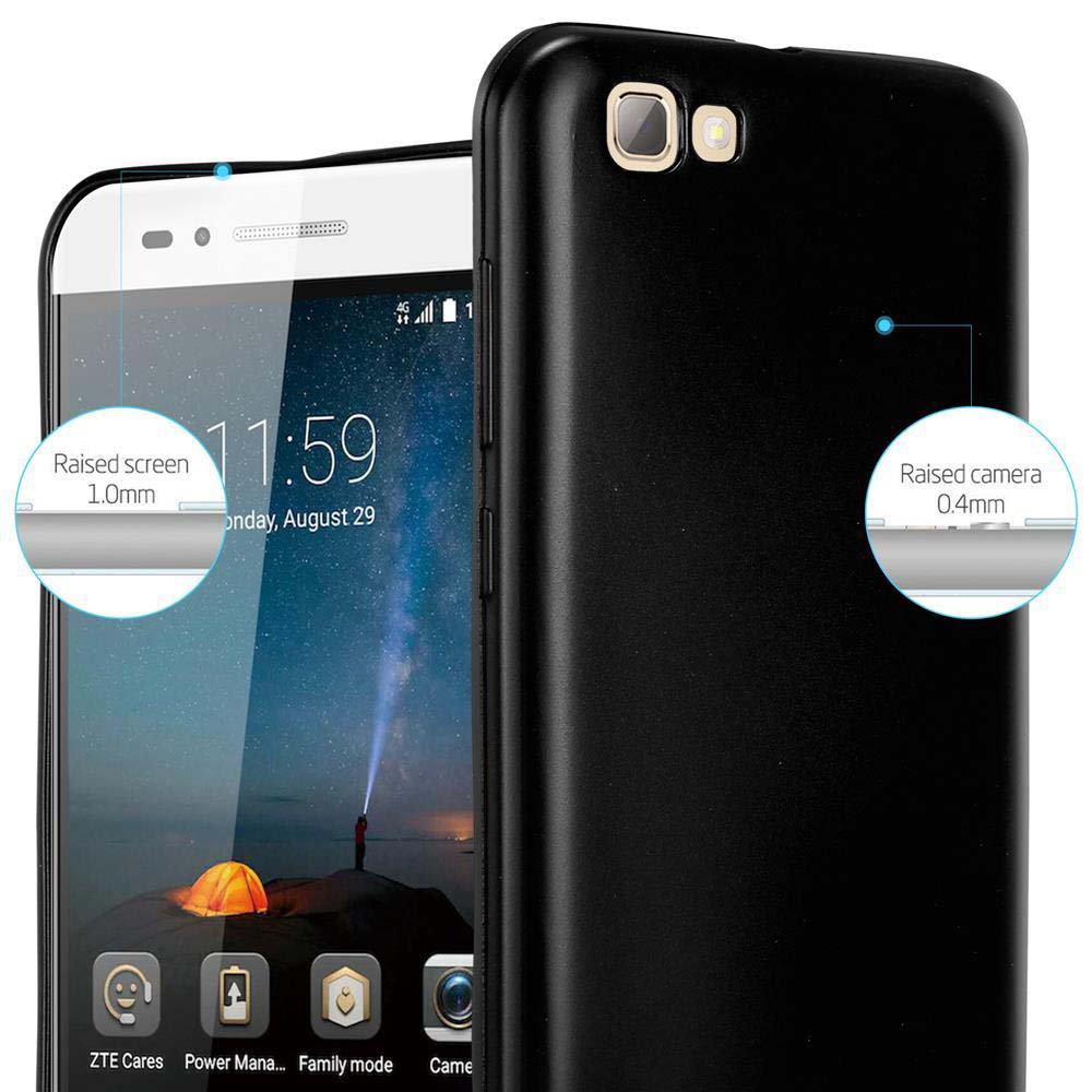 Telefono nero con custodia. Lo schermo è acceso. La custodia mostra la fotocamera e lo schermo rialzati.
