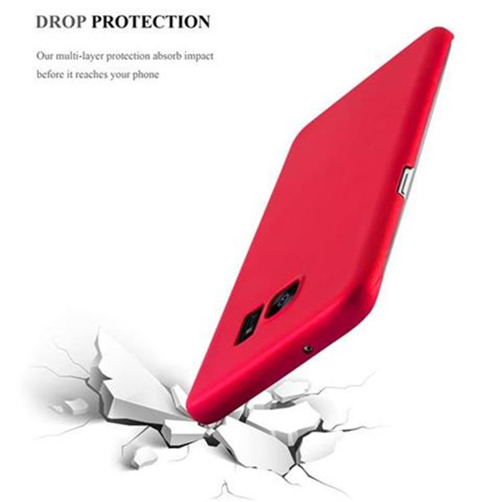 Una custodia rossa per telefono cade su un terreno crepato con testo 'DROP PROTECTION'.