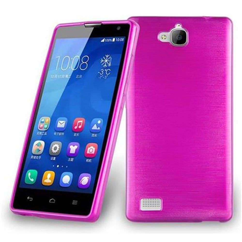 Un teléfono rosa y una funda rosa. El teléfono muestra la hora e iconos de aplicaciones.
