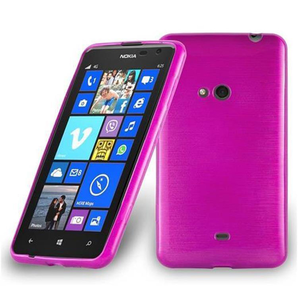 Teléfono rosa en una funda rosa. El teléfono tiene una pantalla con iconos coloridos. El fondo es blanco.
