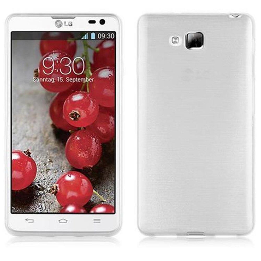 Smartphone y funda. El teléfono tiene una imagen de bayas rojas, hora 9:30. La funda es blanca.