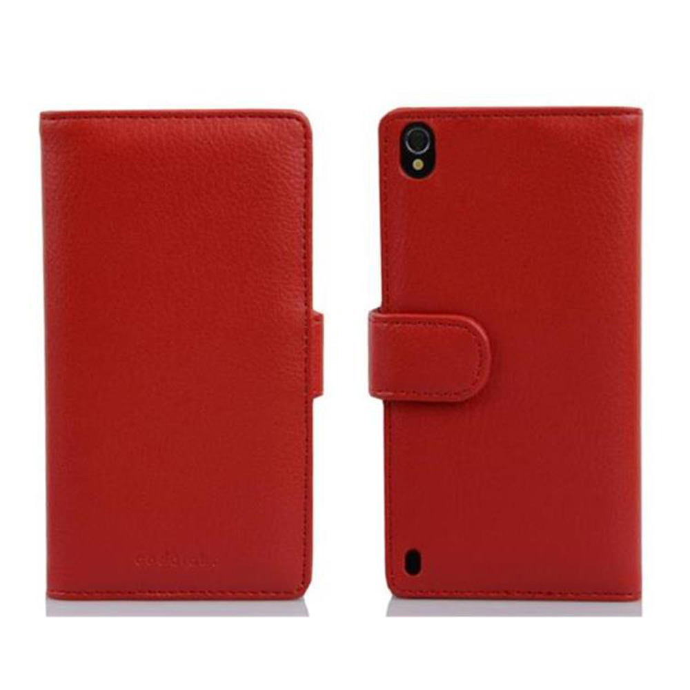 Custodia rossa per telefono aperta e chiusa. Chiusura magnetica.