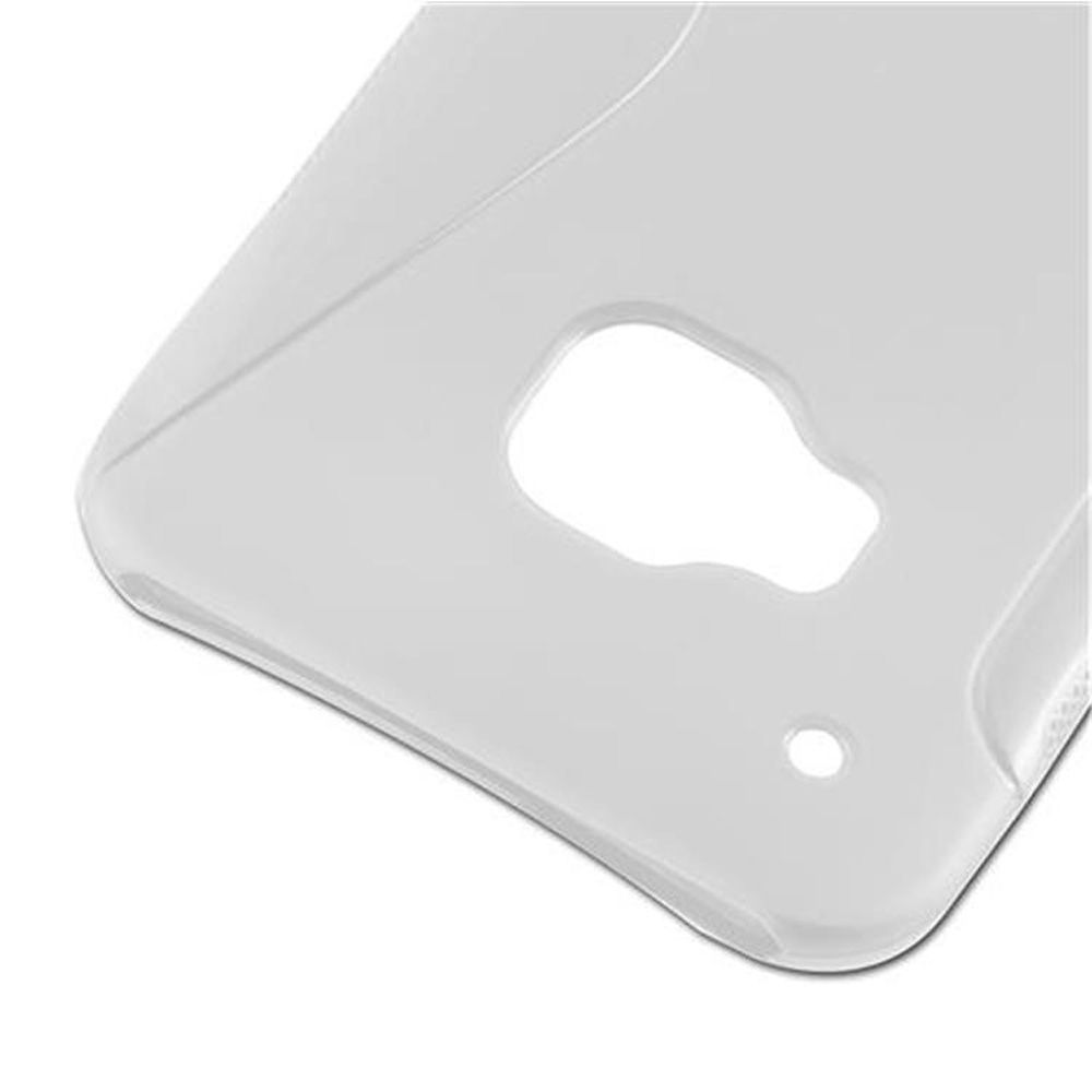 Primo piano di una custodia trasparente per telefono con fori per fotocamera e pulsanti.