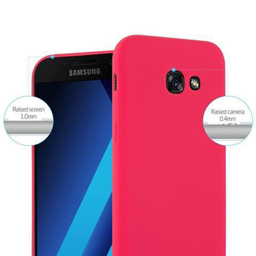 Telefono Samsung rosso con custodia rossa. Le aree rialzate dello schermo e della fotocamera sono etichettate. Lo schermo mostra una schermata iniziale blu.