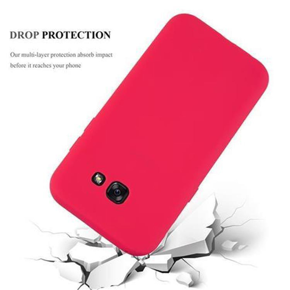 Custodia per telefono rossa che rompe una superficie bianca. Testo: Protezione dalle cadute. Assorbe l'impatto.