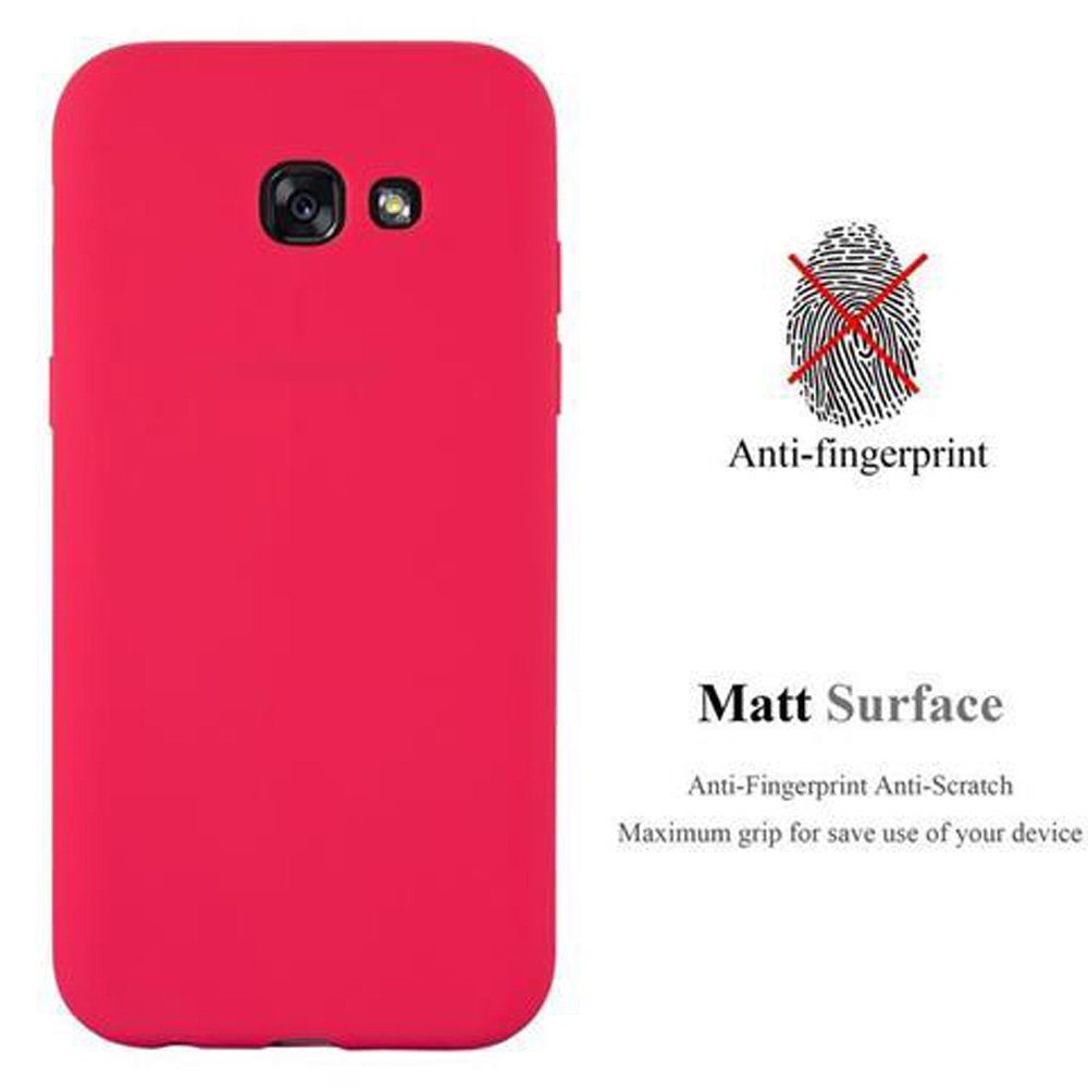 Custodia per telefono rossa con sfondo rosa. Un'icona di impronta digitale è in alto a destra.