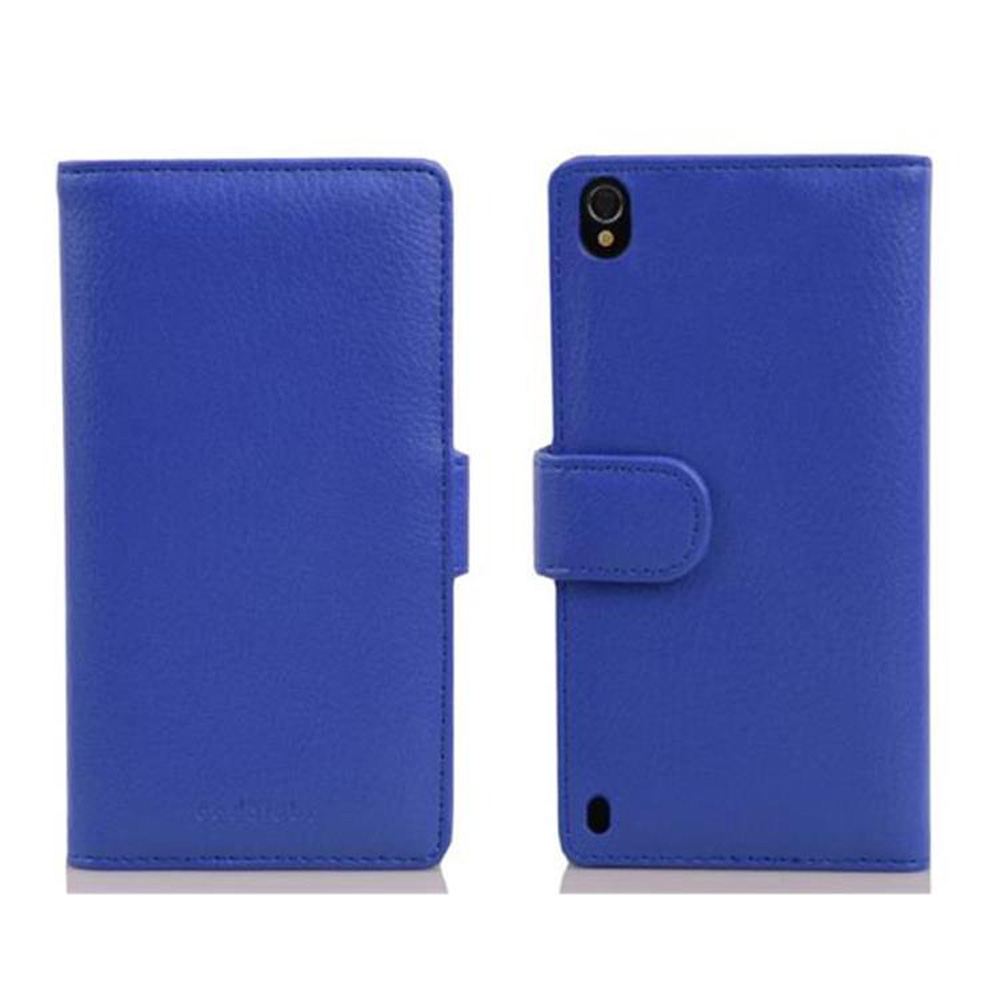Una custodia blu per telefono in due parti, anteriore e posteriore, con chiusura e bottone.