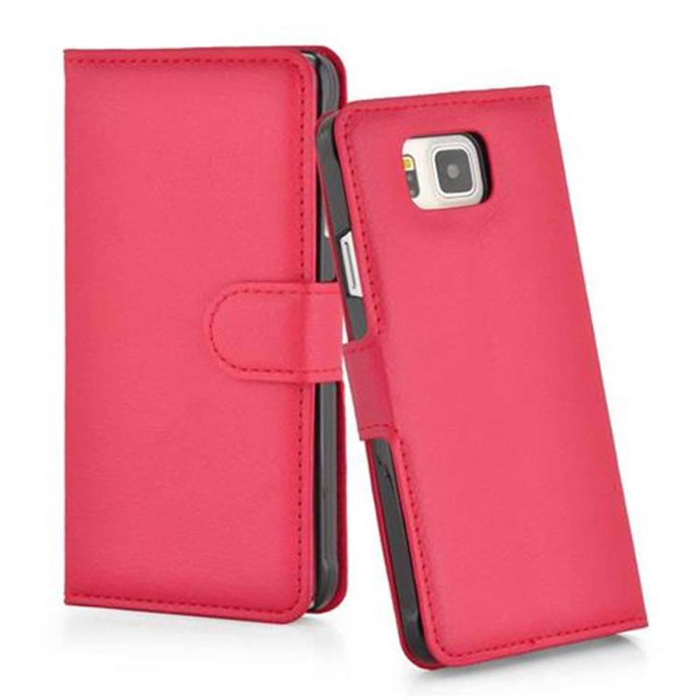 Deux étuis de téléphone rouges, un ouvert, un fermé. Celui ouvert montre un téléphone à l'intérieur.