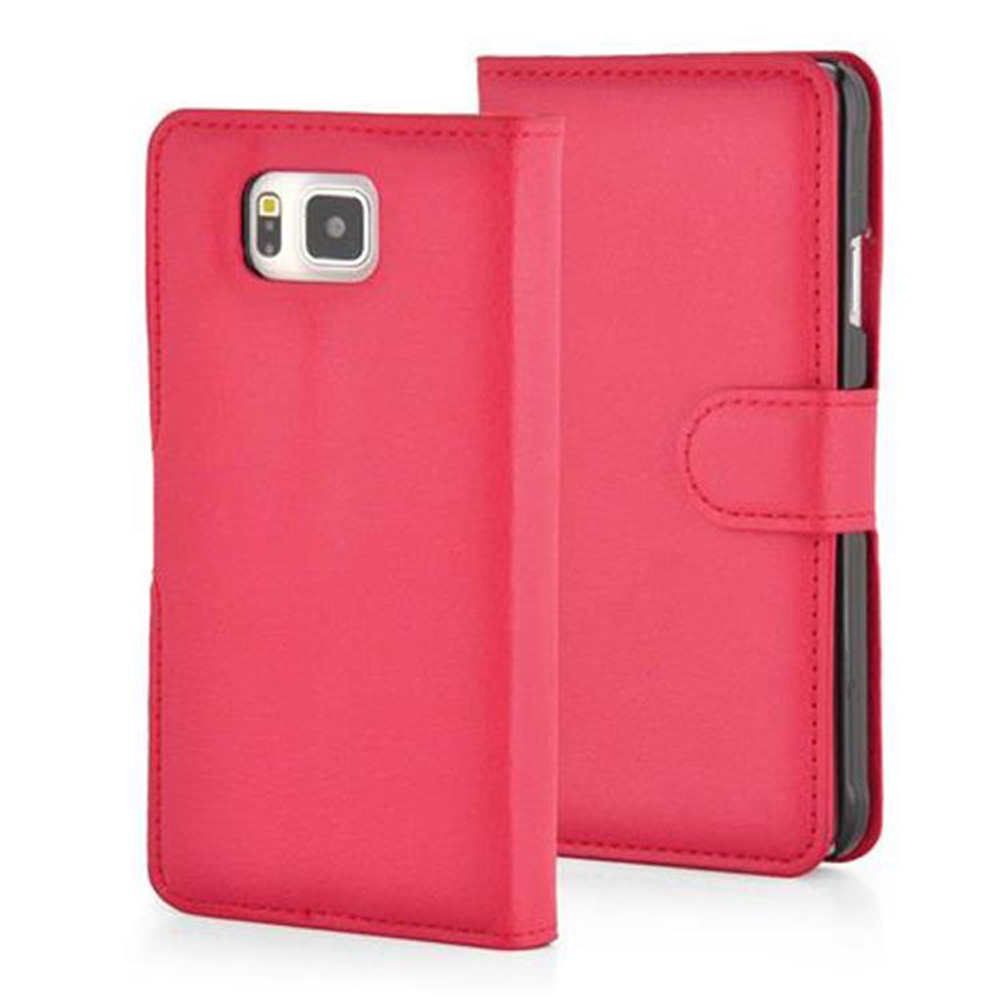 Étui de téléphone rouge, ouvert et fermé. Un côté montre la caméra du téléphone.