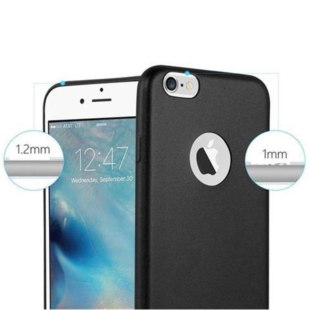 Un telefono con una custodia nera che evidenzia lo spessore e il logo Apple con un display dell'ora.