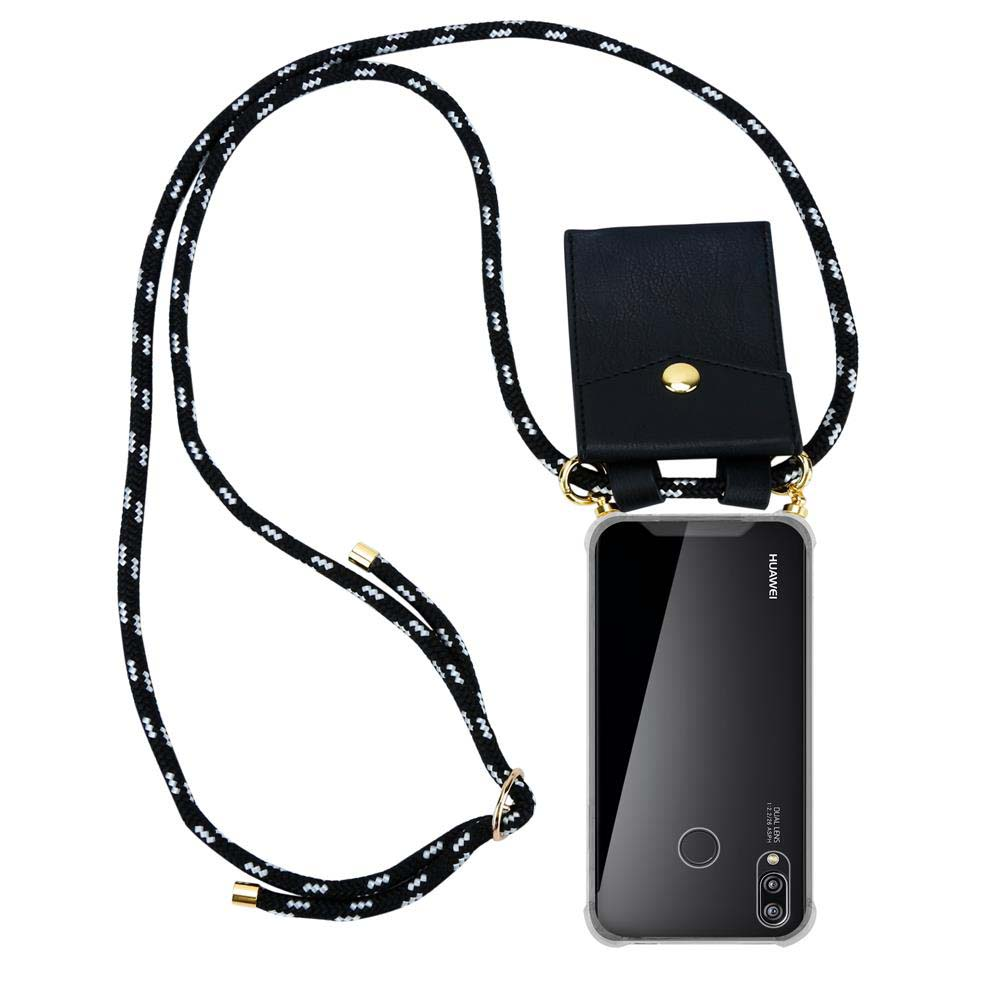 Un telefono nero con una custodia trasparente e un cordino stile corda bianco e nero.