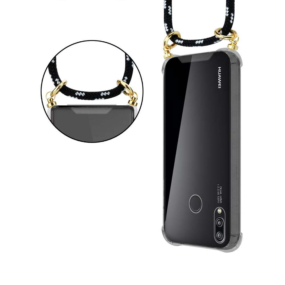 Un telefono Huawei nero con una cinghia. Il telefono mostra la parte posteriore con doppia lente.