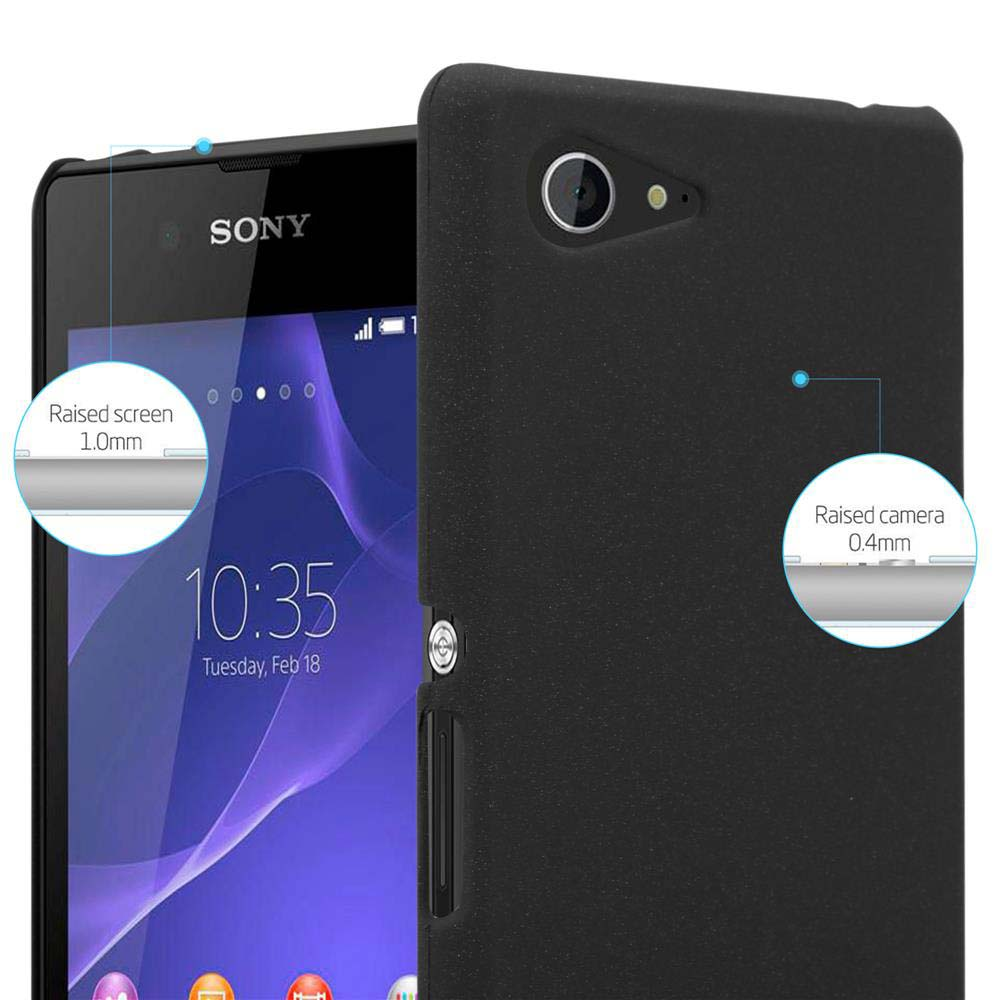 Ein schwarzes Telefon in einer schwarzen Hülle, das die Uhrzeit 10:35 anzeigt. Das Telefon hat ein Sony-Logo.