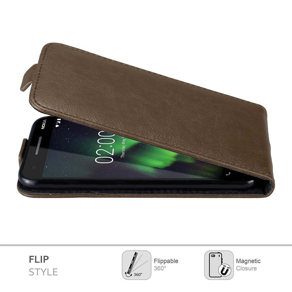 Custodia marrone aperta con telefono all'interno. Testo 'STILE FLIP' e icone per ribaltabile e chiusura magnetica.