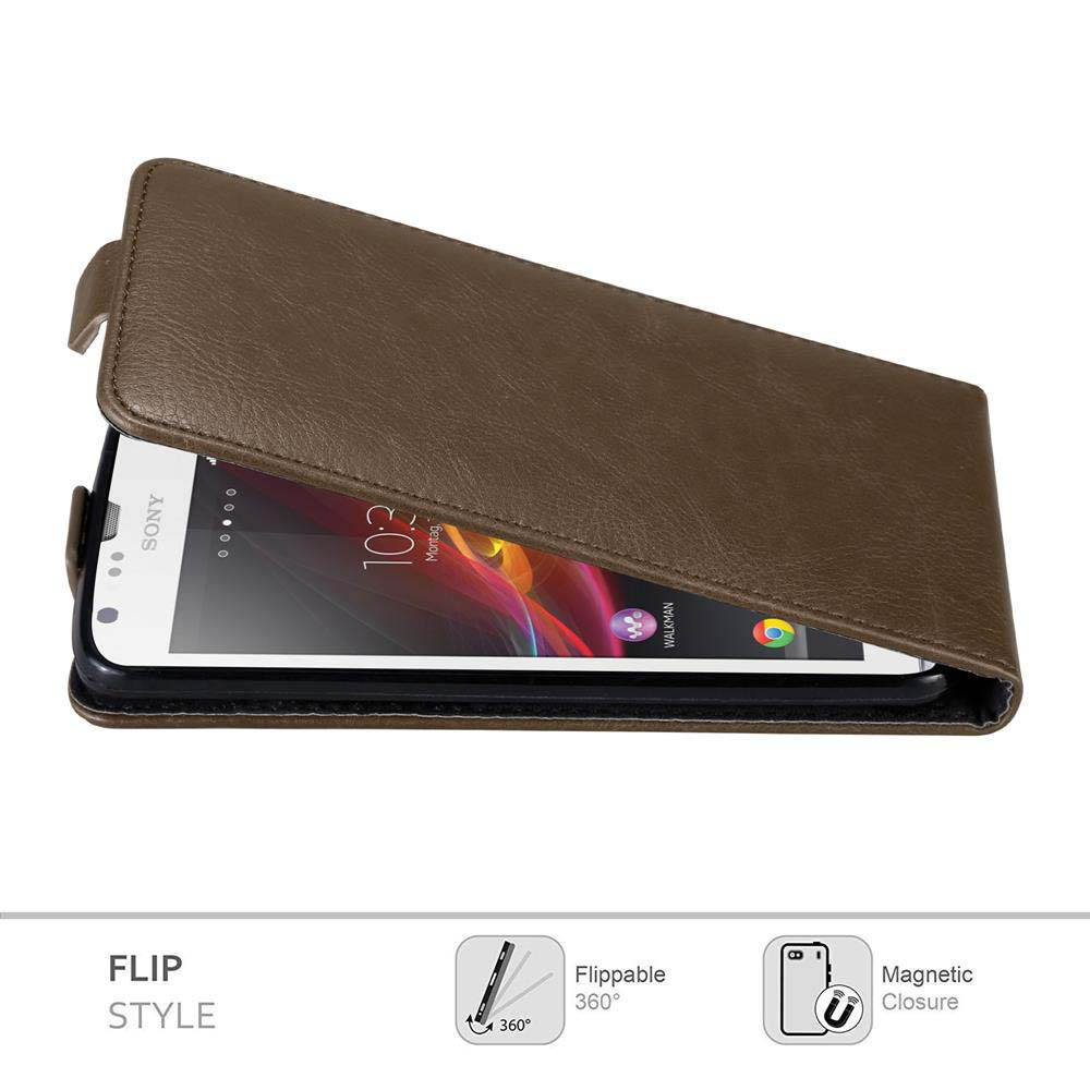 Telefono Sony in custodia a libro marrone. Il telefono è aperto. La custodia è aperta.