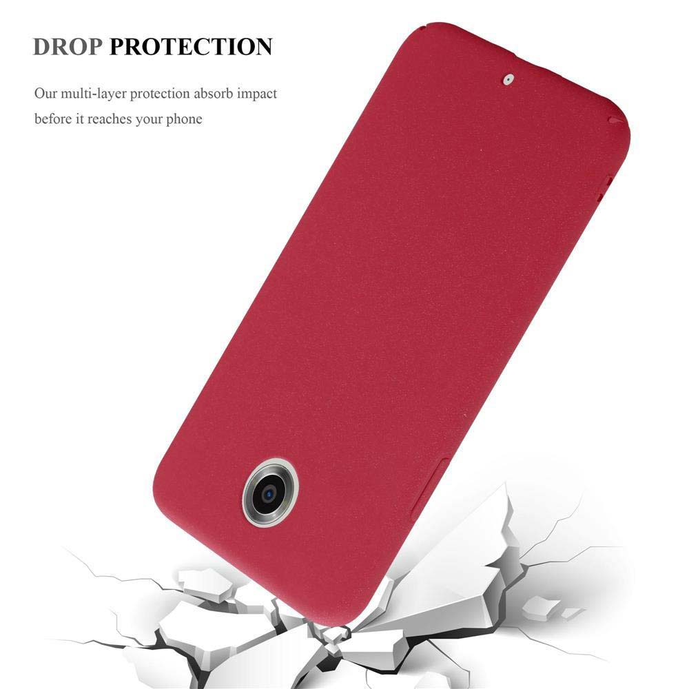 Eine rote Handyhülle auf weißem Hintergrund, mit einem Handy-Umriss. Text 'DROP PROTECTION'.