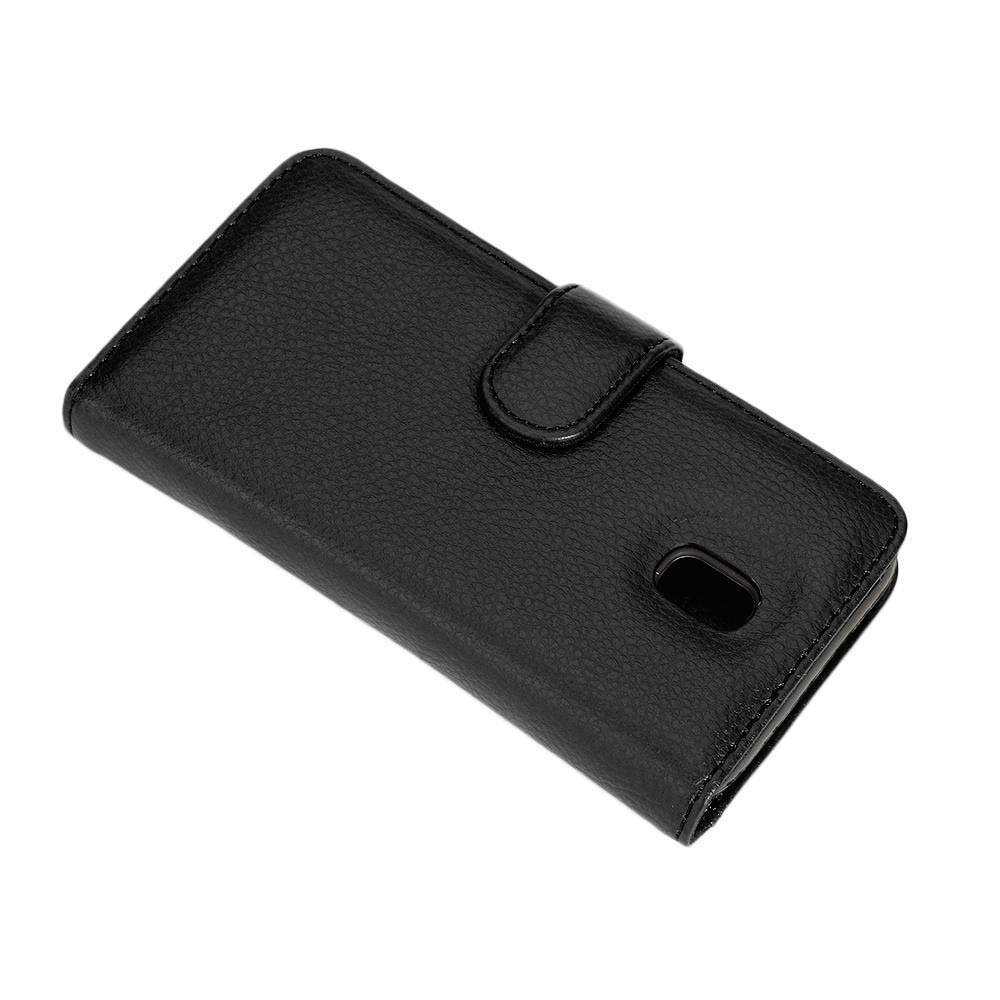 Una custodia per telefono in pelle nera, chiusa, con una chiusura magnetica.