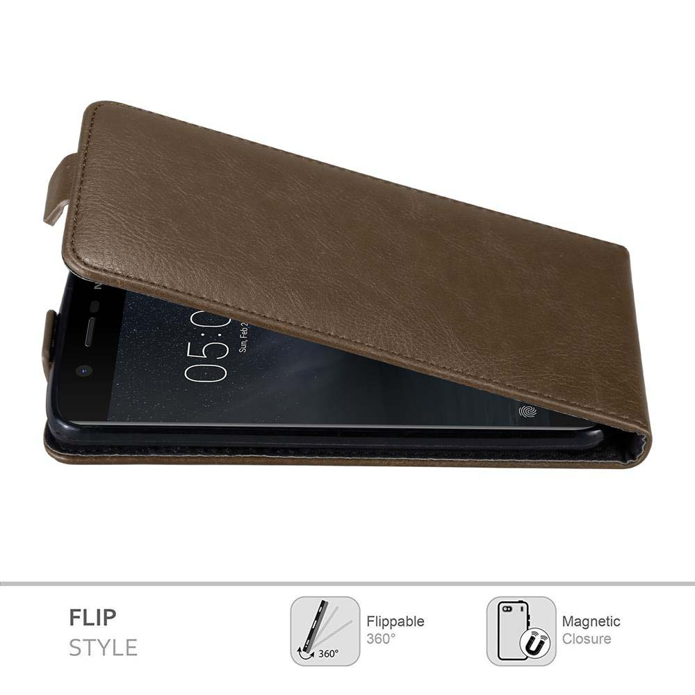 Custodia a libro, marrone. Schermo del telefono visibile. Icone per ribaltabile e chiusura magnetica.