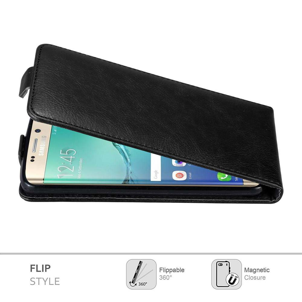 Custodia nera per telefono aperta con telefono all'interno. Testo: STILE FLIP, Ribaltabile a 360°, Chiusura magnetica.