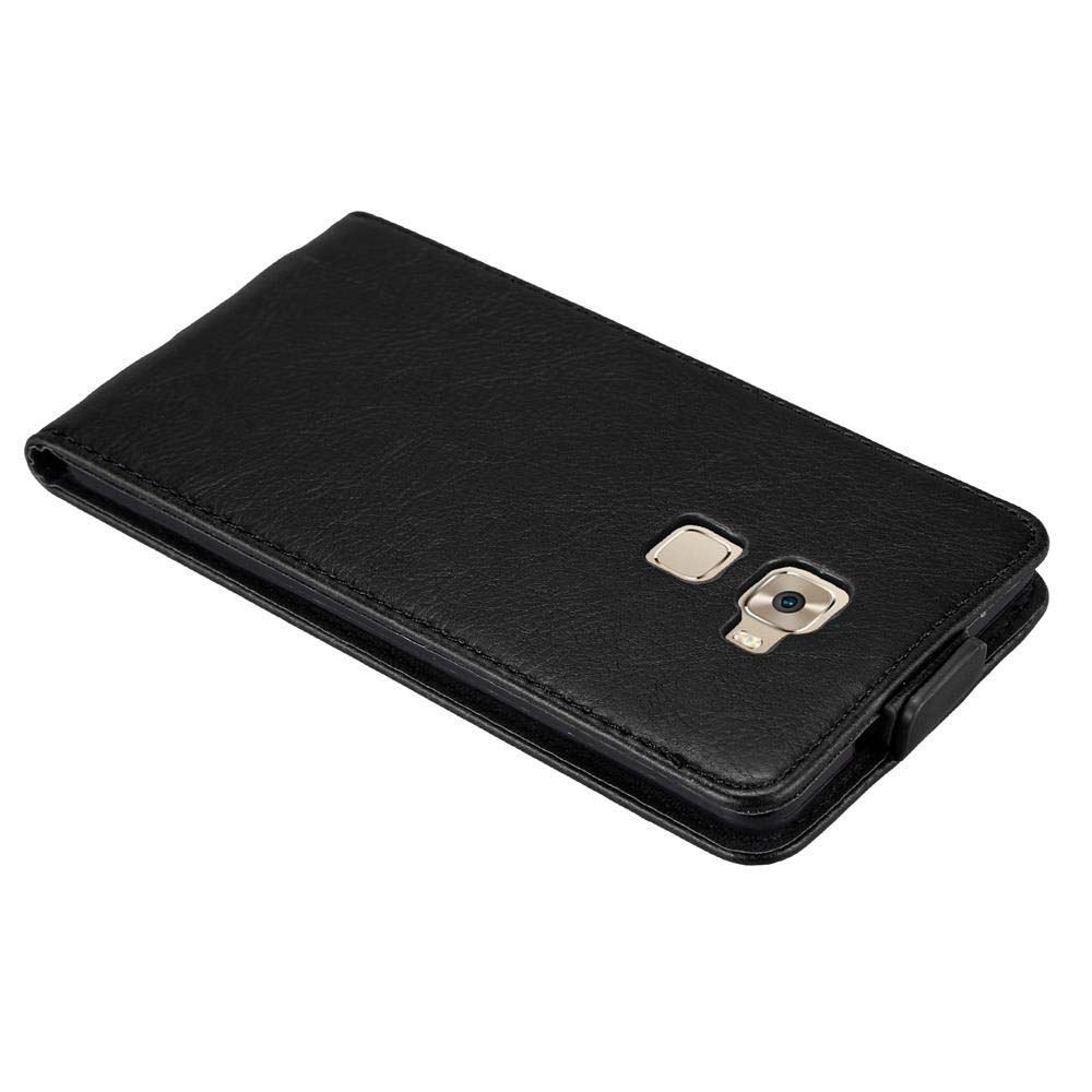 Schwarze Leder-Handyhülle mit Telefon im Inneren. Die Handyhülle scheint geschlossen zu sein. Der Hintergrund ist weiß.