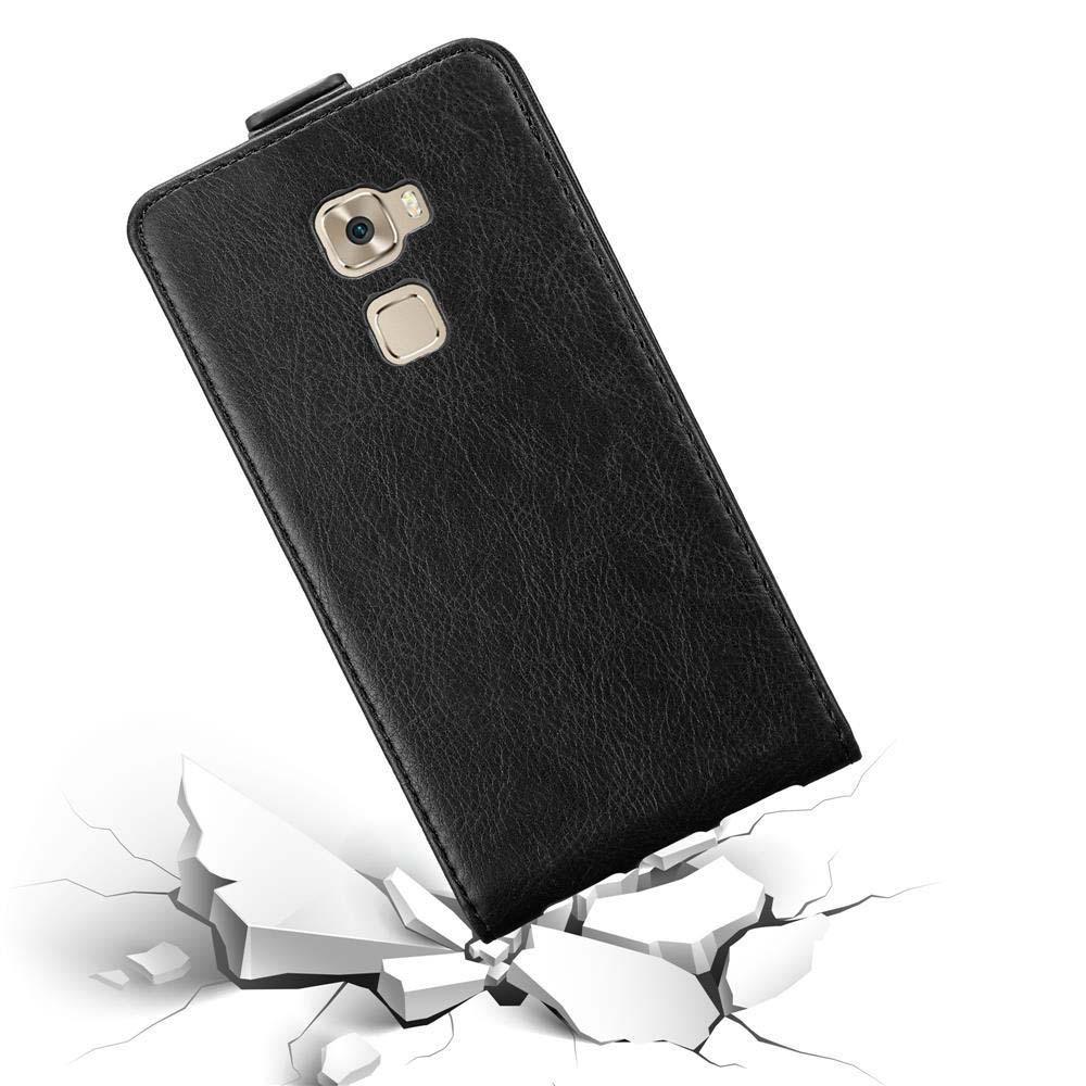 Schwarze Leder-Handyhülle. Telefonkamera und -tasten sichtbar. Weißer Hintergrund mit zerbrochenem Boden.