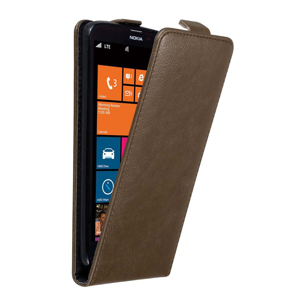 Braune Handyhülle offen mit einem Telefon darin. Der Telefonbildschirm ist sichtbar.