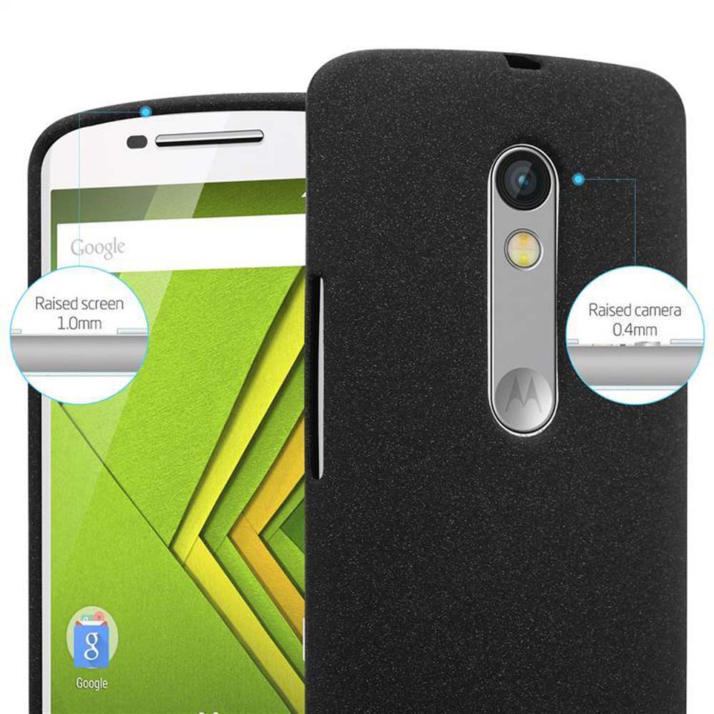Telefono nero con schermo e fotocamera rialzati. Il testo sul telefono dice Google.