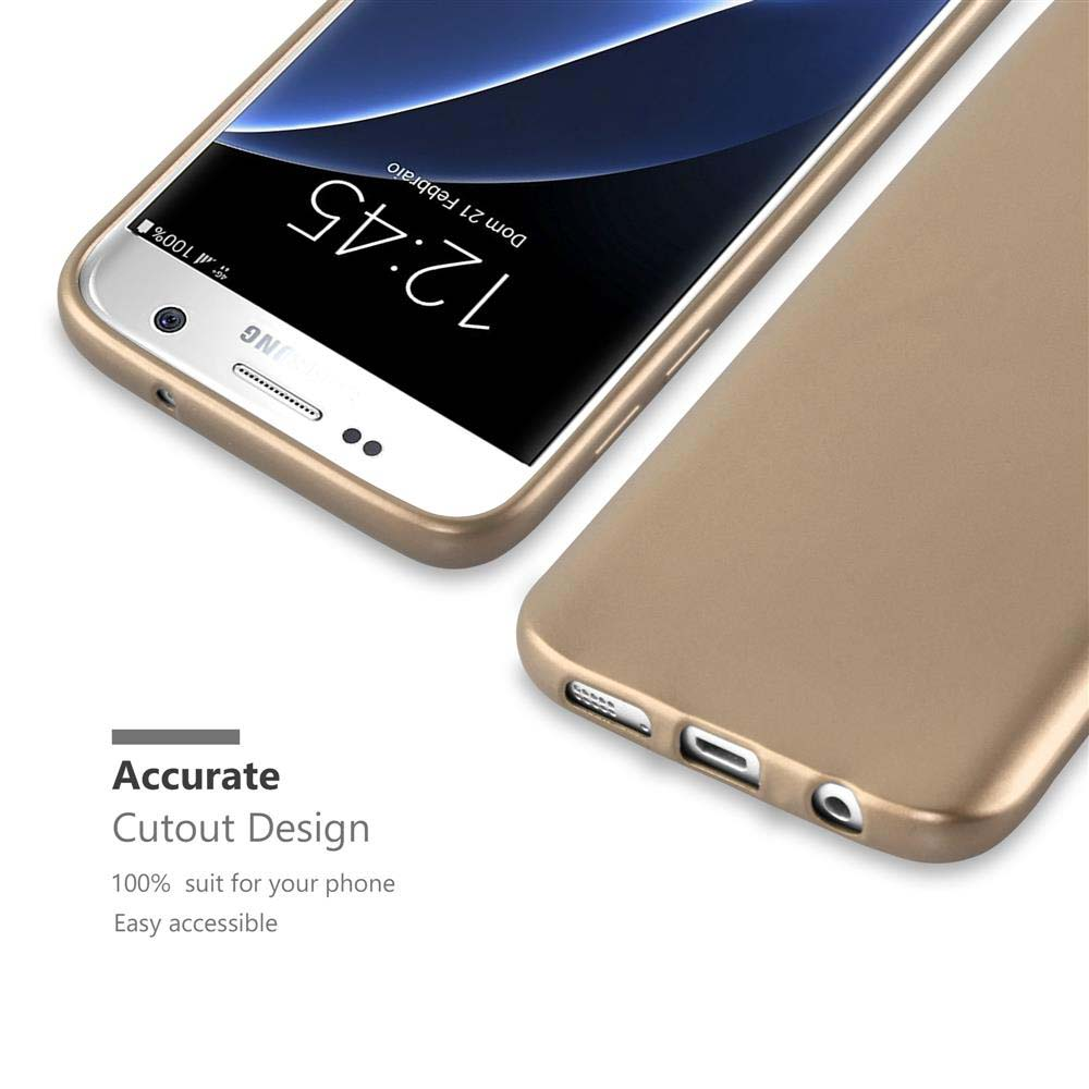 Se muestra un teléfono y una funda dorados. La funda se coloca en el teléfono. El texto dice 'Accurate Cutout Design'.