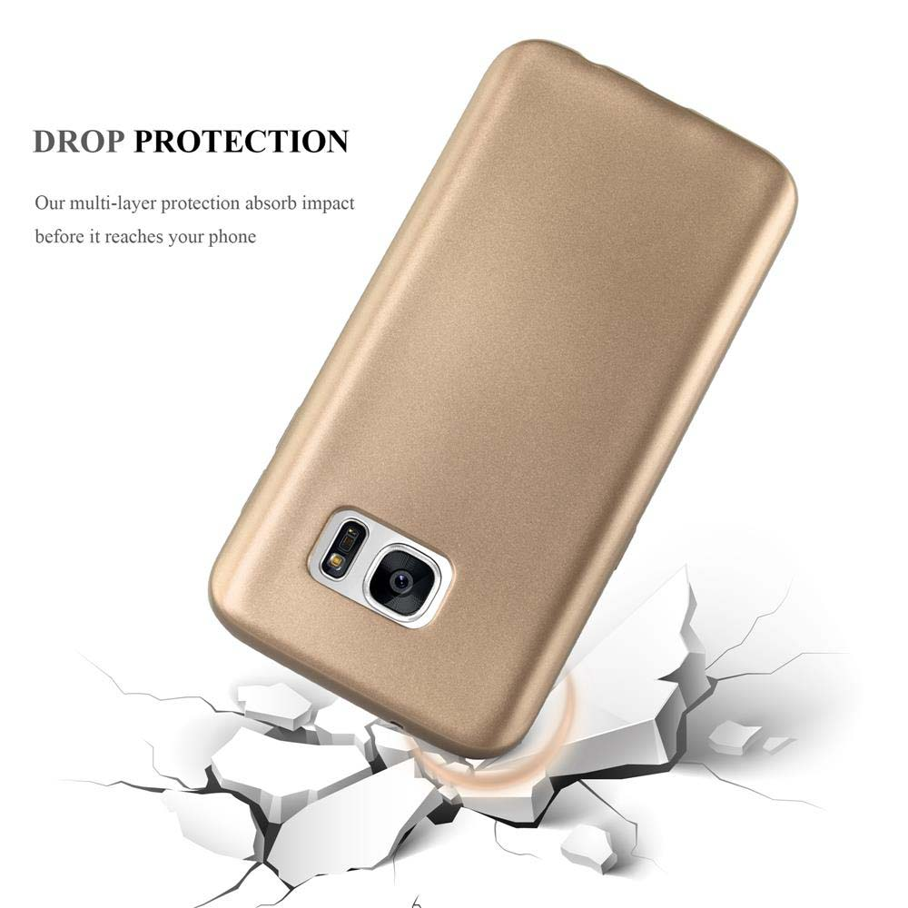 Funda dorada cayendo sobre suelo roto. La imagen destaca la protección contra caídas de la funda.